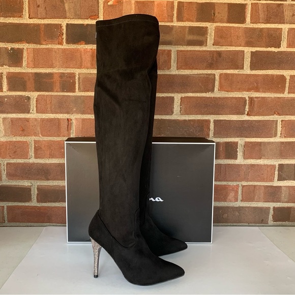 Nina Shoes - Nina Womens Rocklin Black Fabric Pointed Toe Over Knee Heeled Boots US 6 M NEW